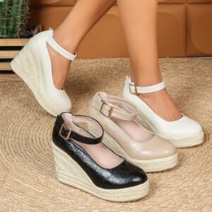 Women's espadrille buckle ankle strap wedge heel pumps