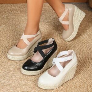 Women's espadrille elastic strap wedge heel pumps