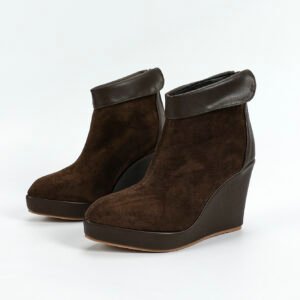 Women's patchwork wedge heel ankle boots with back zipper and turn-up design