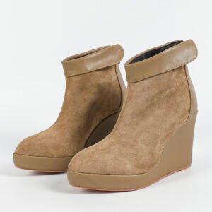 Women's patchwork wedge heel ankle boots with back zipper and turn-up design