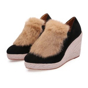 Women's espadrille slip on fur decor wedge heel pumps