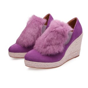 Women's espadrille slip on fur decor wedge heel pumps