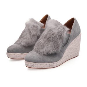 Women's espadrille slip on fur decor wedge heel pumps